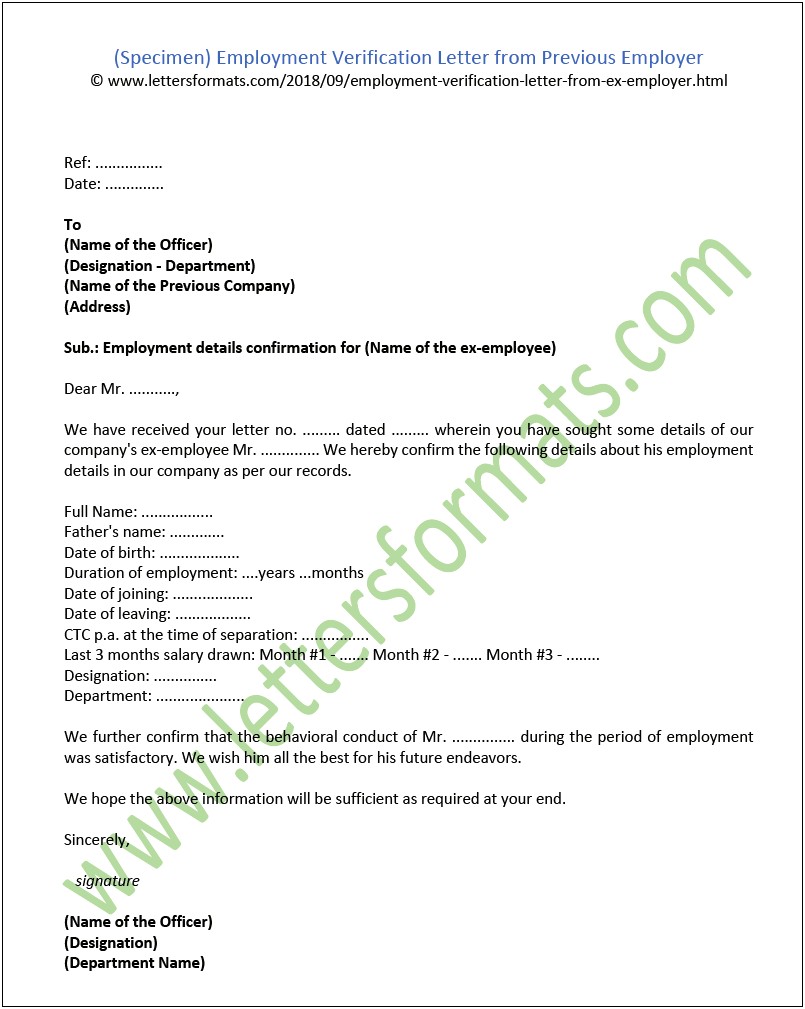 Template For Drafting An Employment Verification Letter