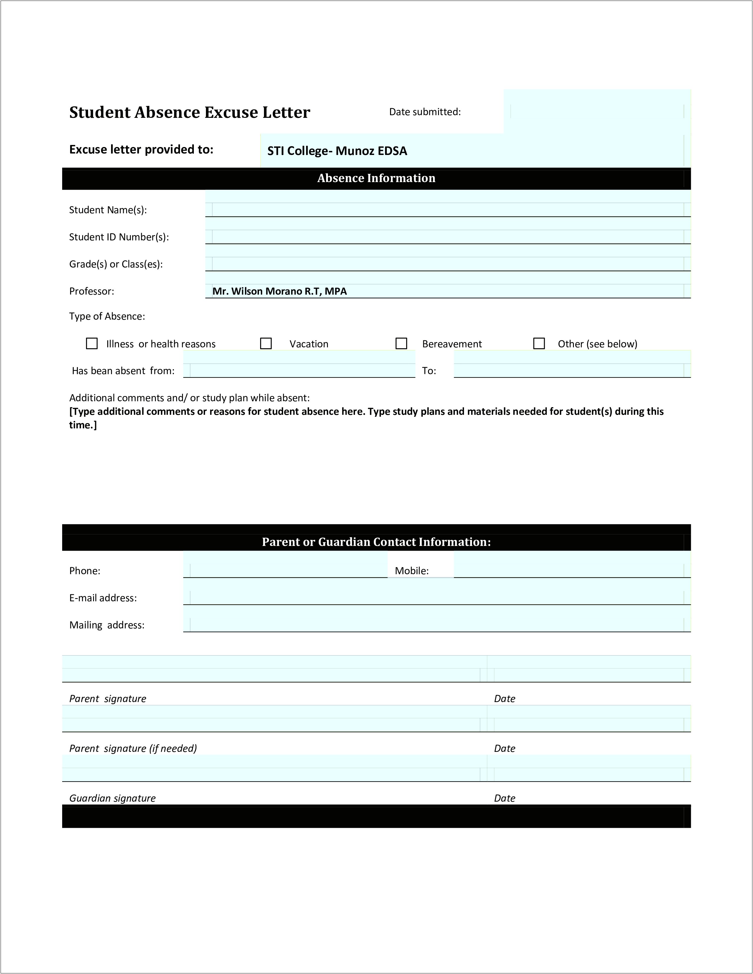 Template For Excuse Letter Standardized Tests