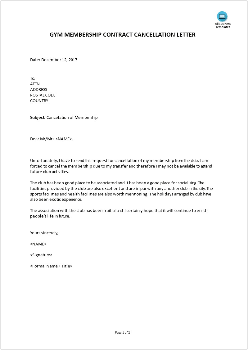 Template For Gym Membership Cancellation Letter