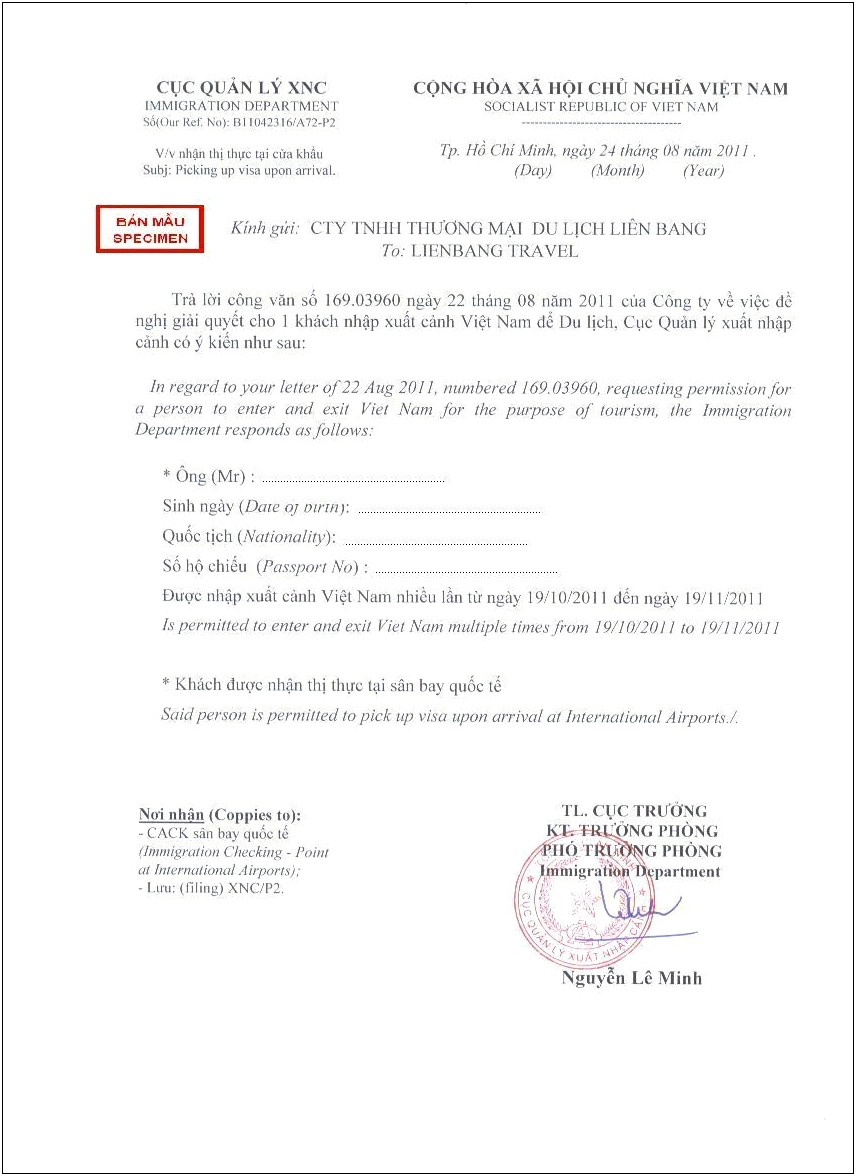 Template For Invitation Letter Vietnam Visa