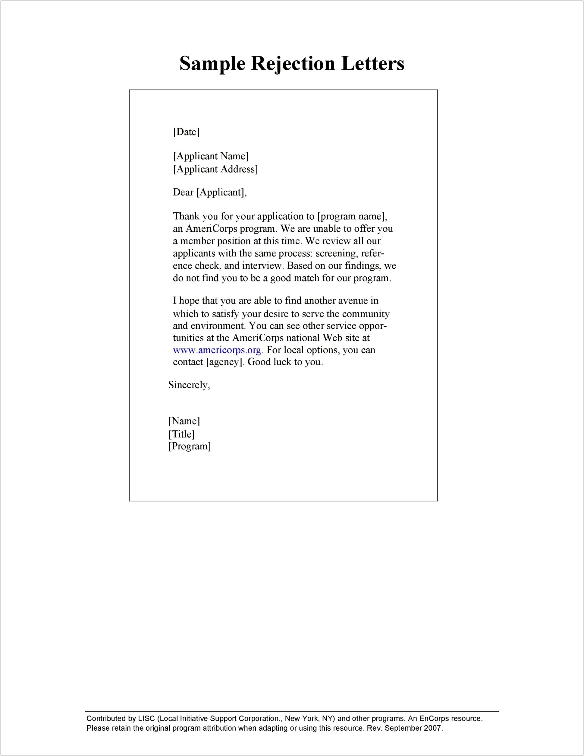 Template For Job Application Rejection Letter