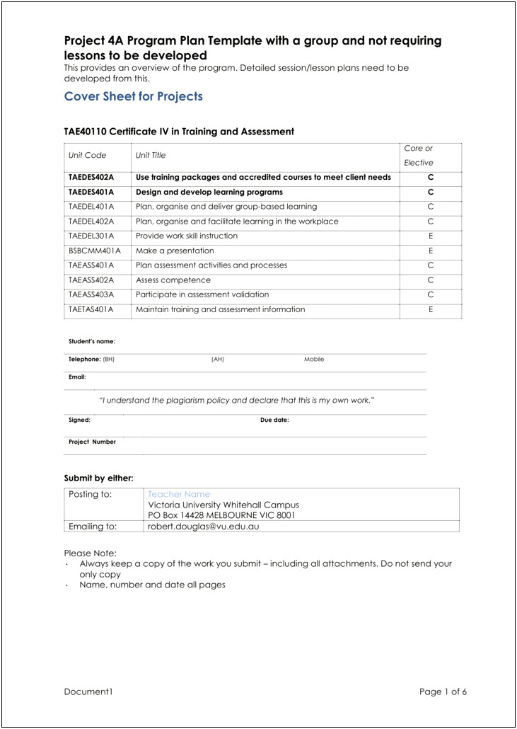 Template For Learning Plan Preparation During Short Course