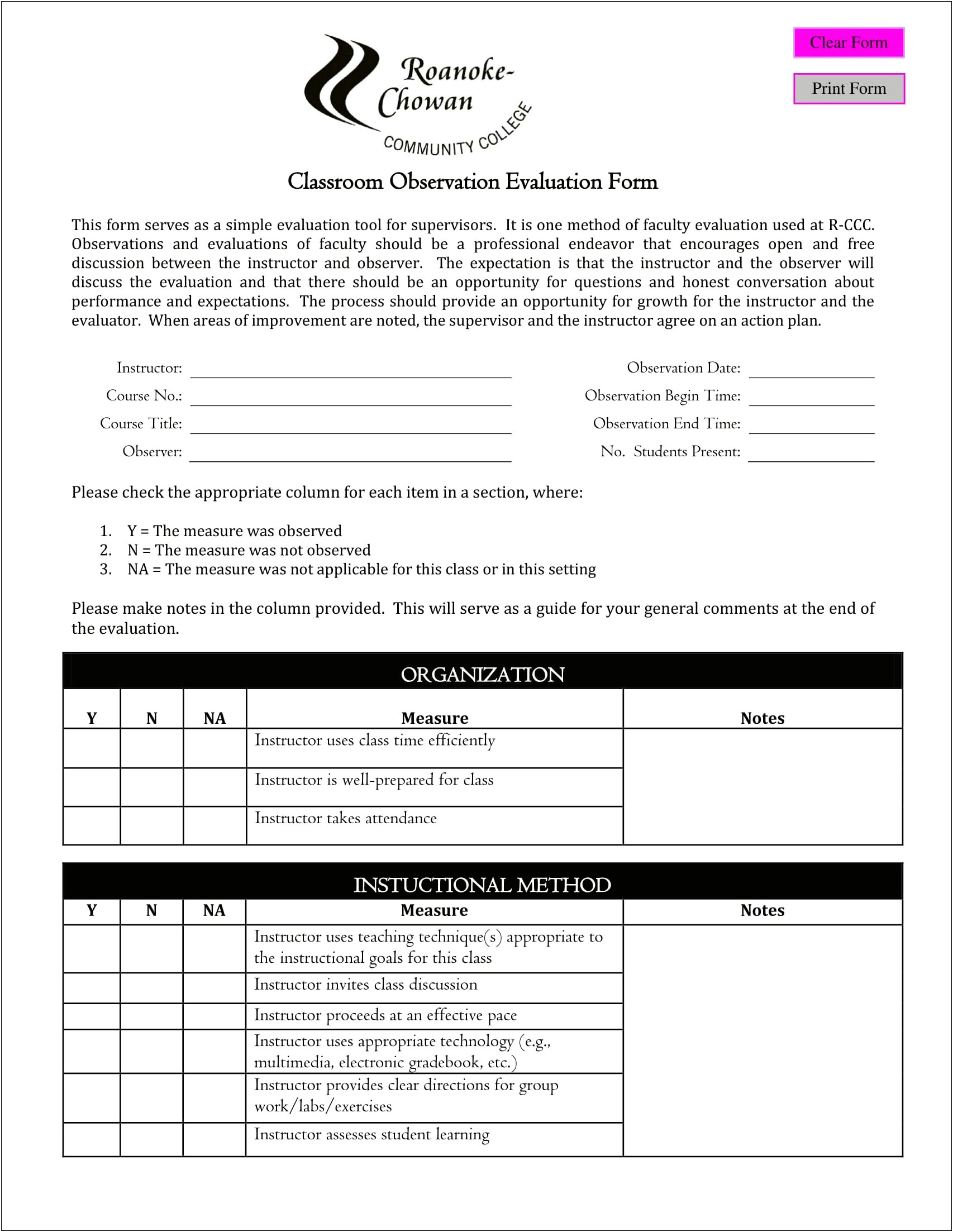 Template For Lesson Plan Observation And Evaluation