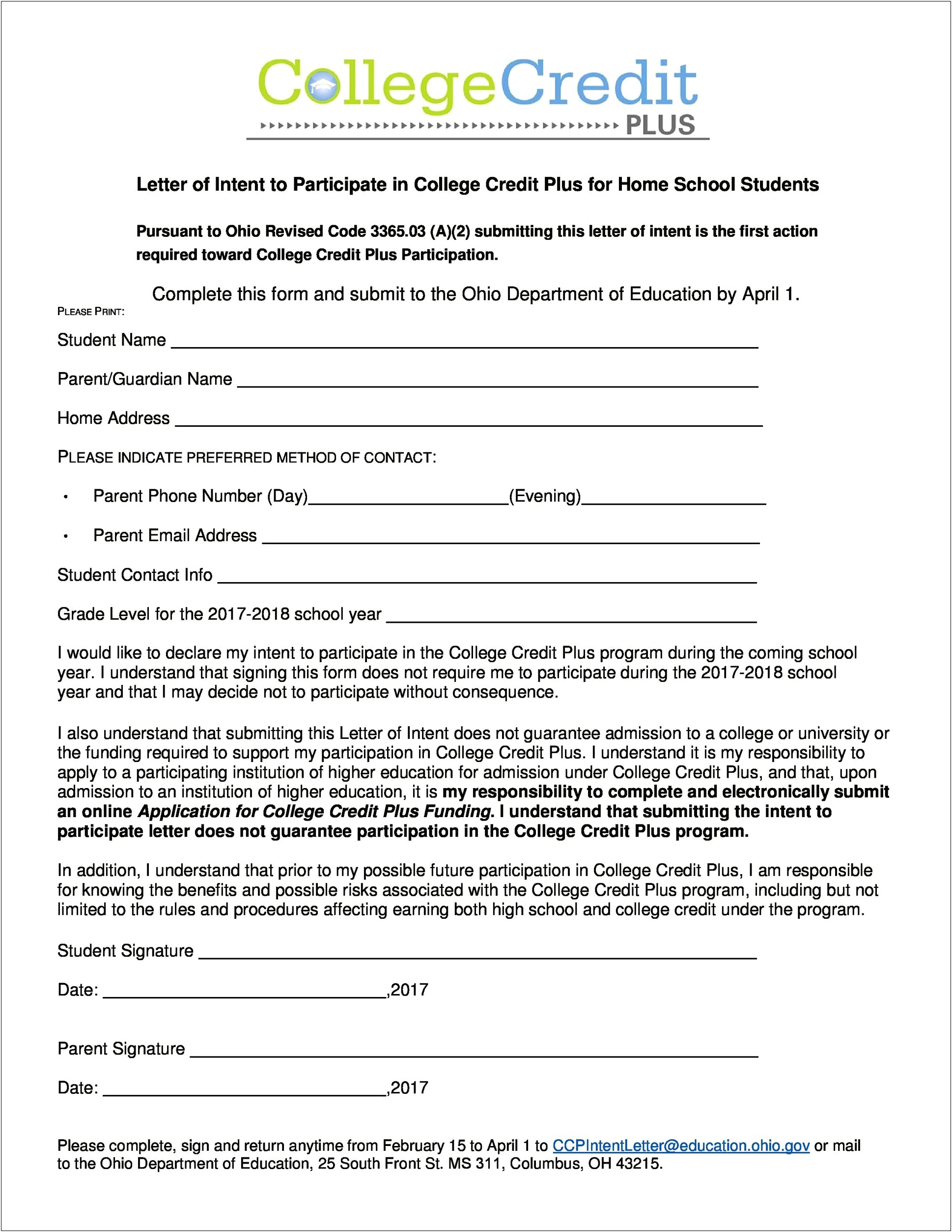 Template For Letter Of Intent Private School