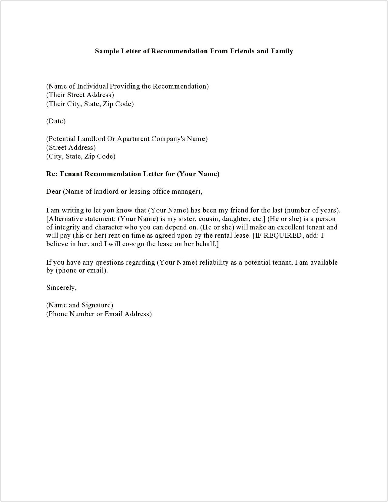 Template For Letter Of Recommendation For A Friend