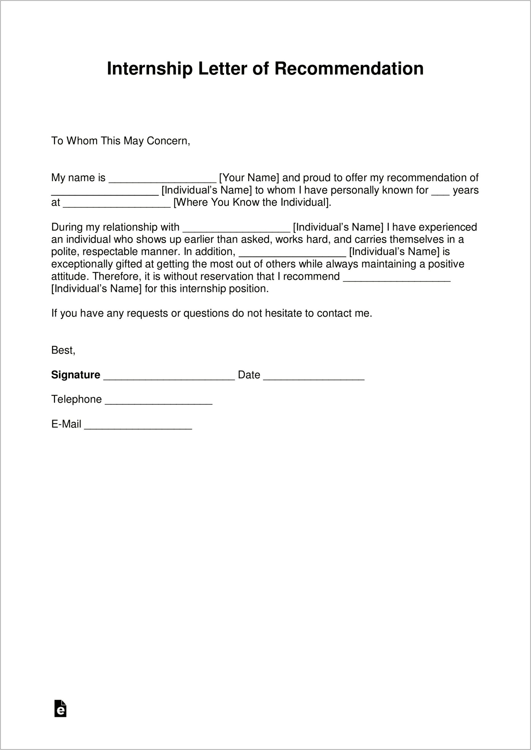 Template For Letter Of Recommendation For Internship