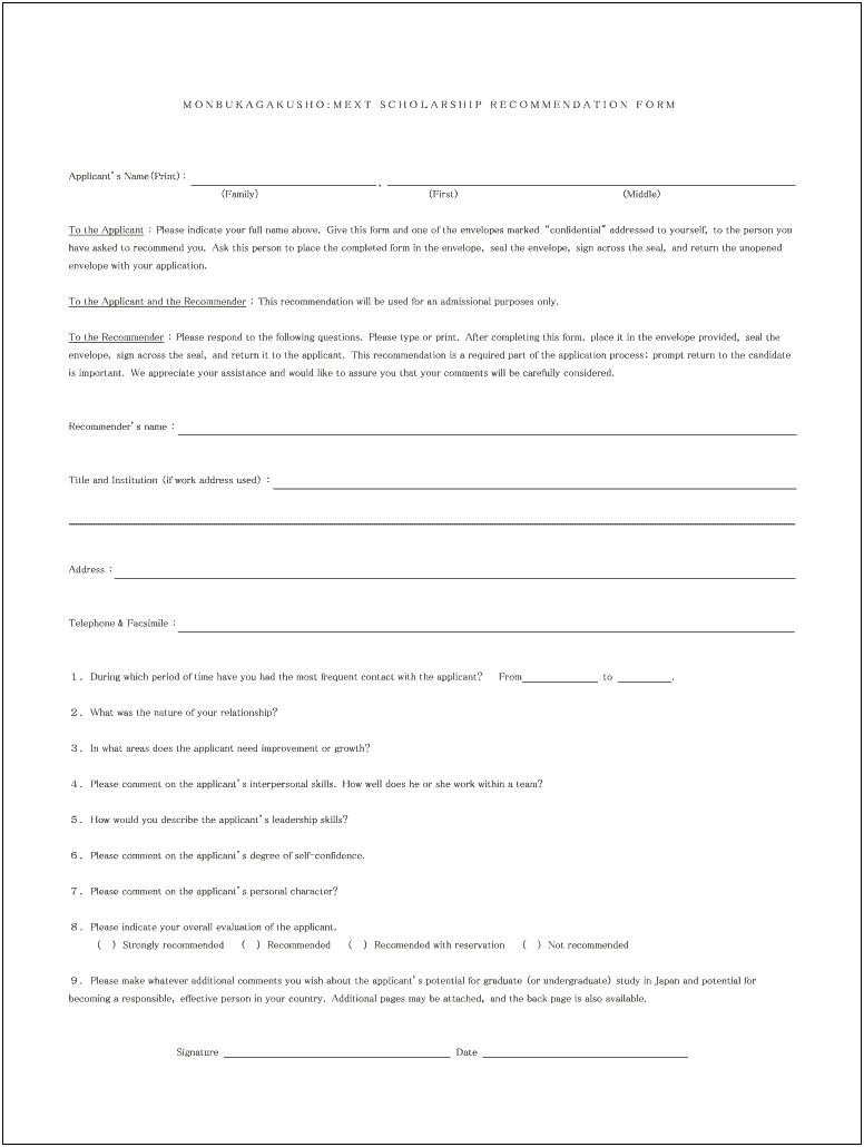 Template For Letter Of Reference For Scholarship