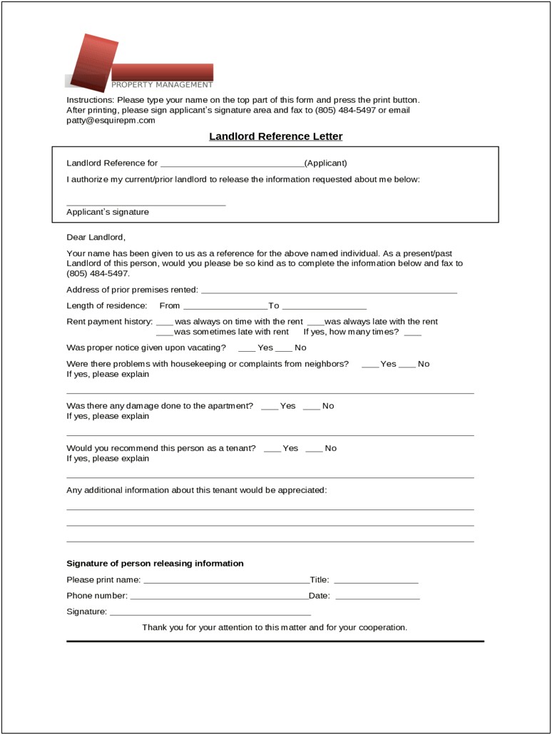 Template For Letter Of Reference Tenant