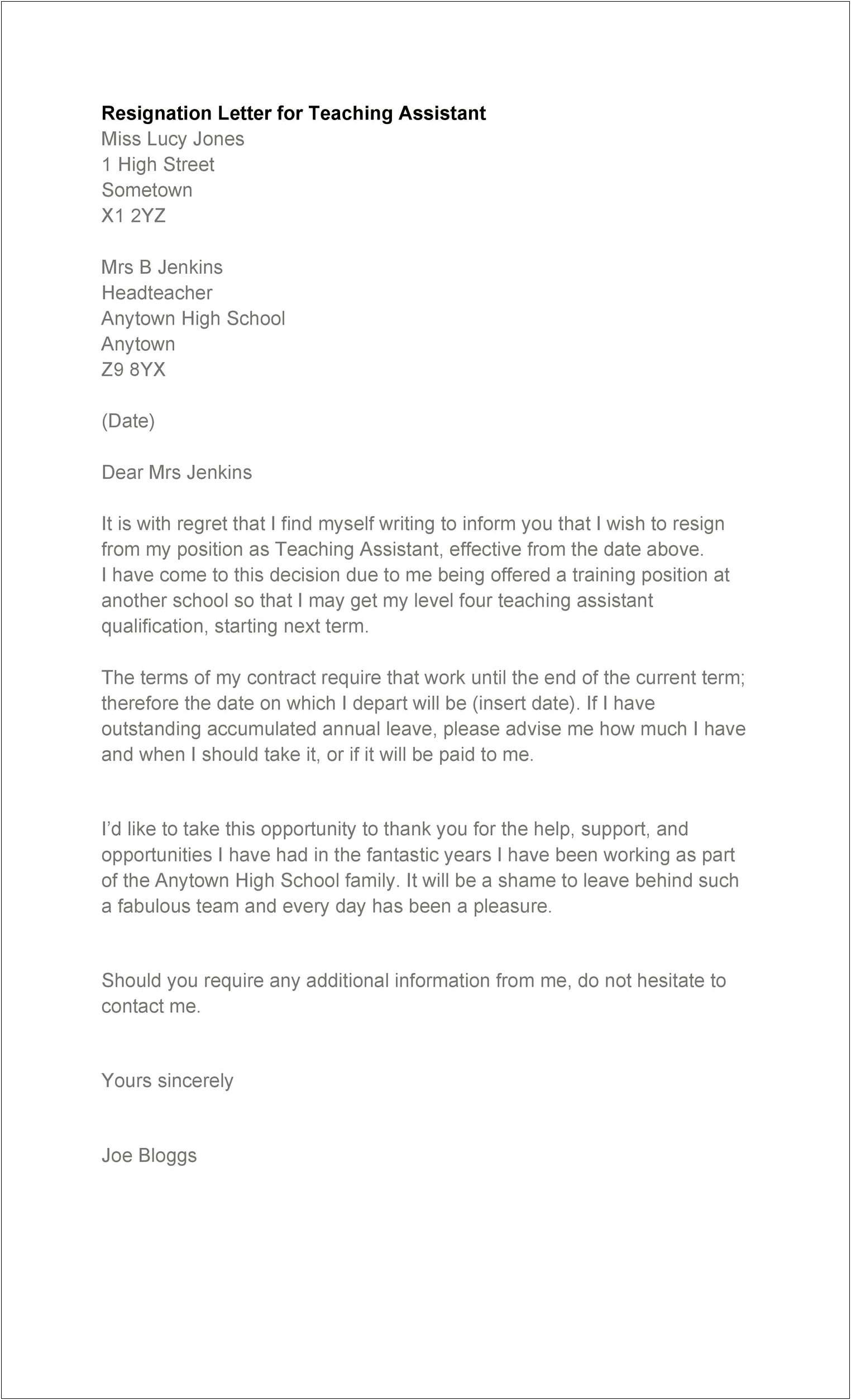 Template For Letter Of Resignation For Teacher