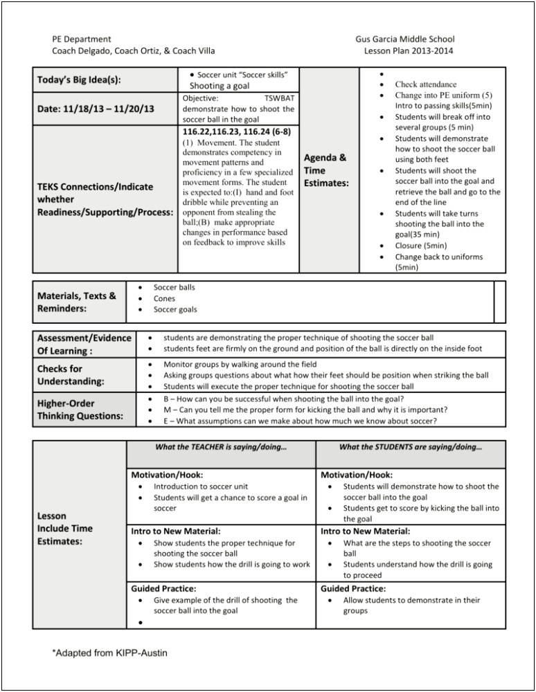 Template For Middle School Pe Lessson Plans