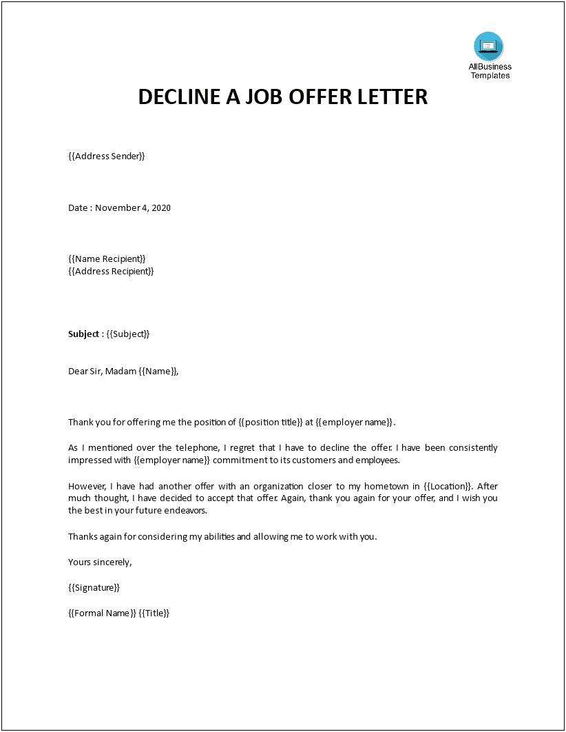 Template For Not Accepting Job Offer Letter