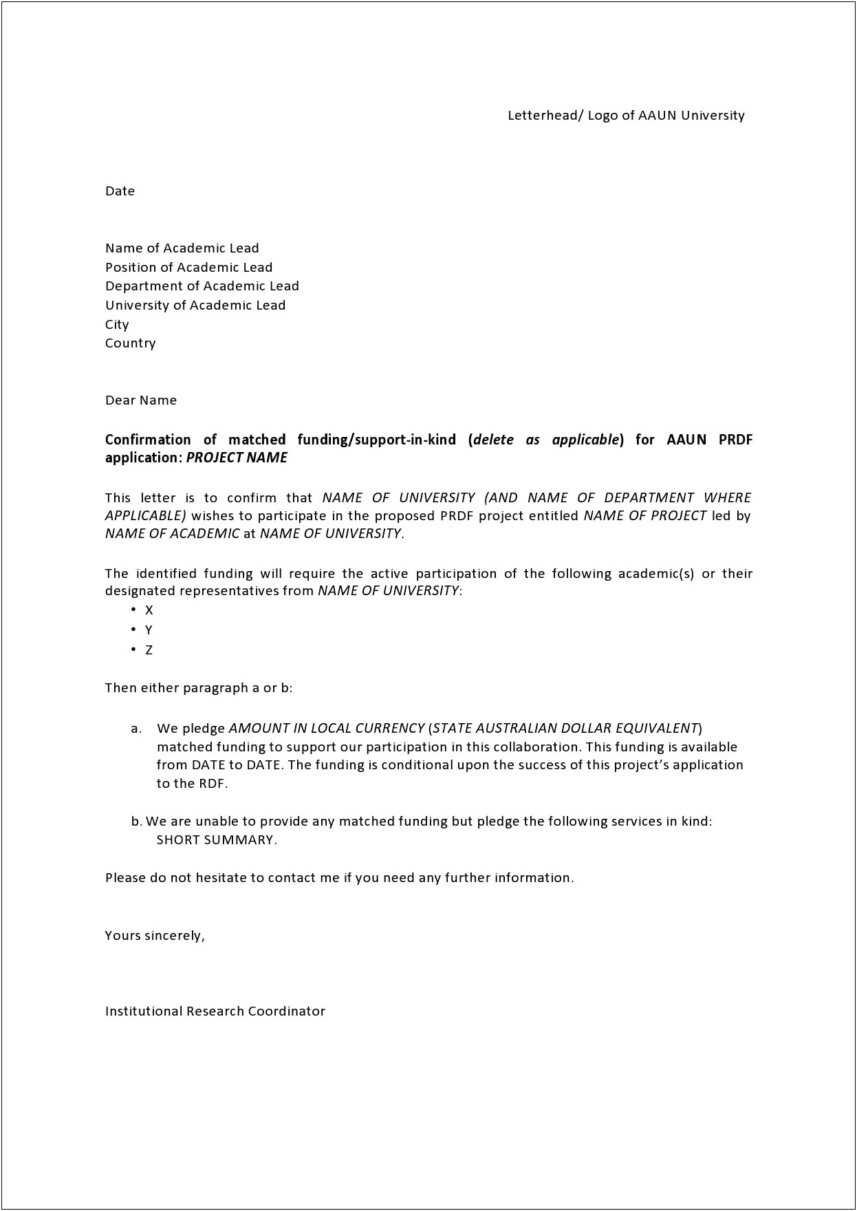 Template For Nsf Proposal Collaboration Letter