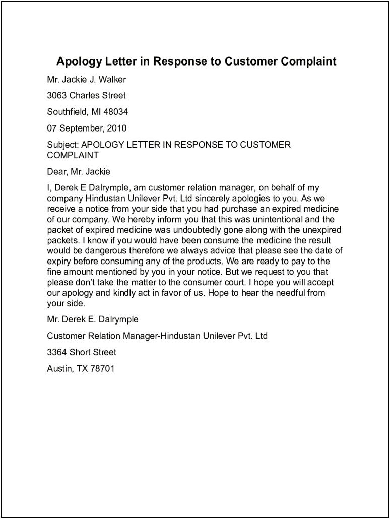 Template For Official Letter Of Complaint