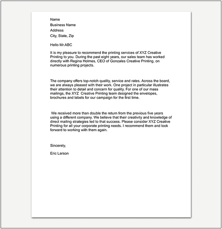 Template For Official Letter Of Recommendation