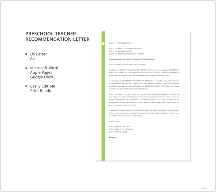 Template For Recommendation Letter For Teacher