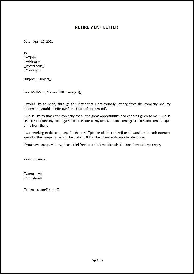 Template For Resignation Letter Due To Retirement
