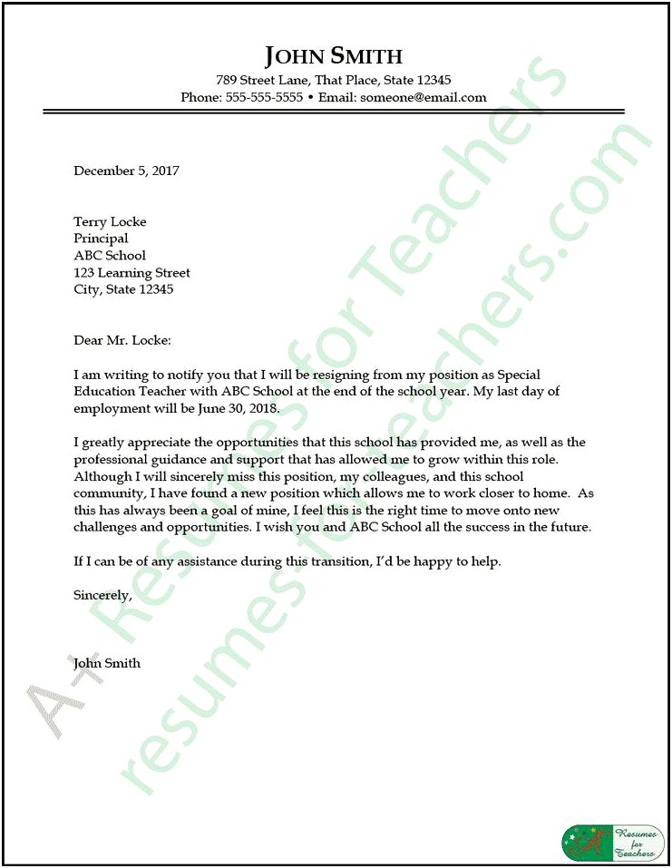 Template For Resignation Letter For Teachers