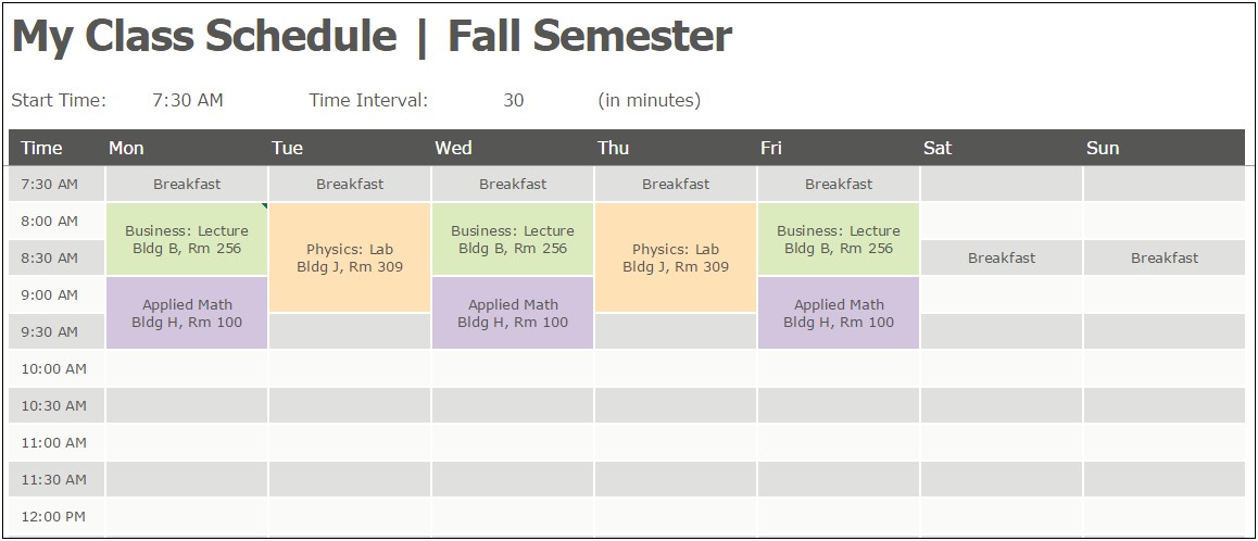 Template For Semster Class Chedule Plan