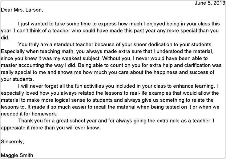 Template For Thank You Letter To Teacher