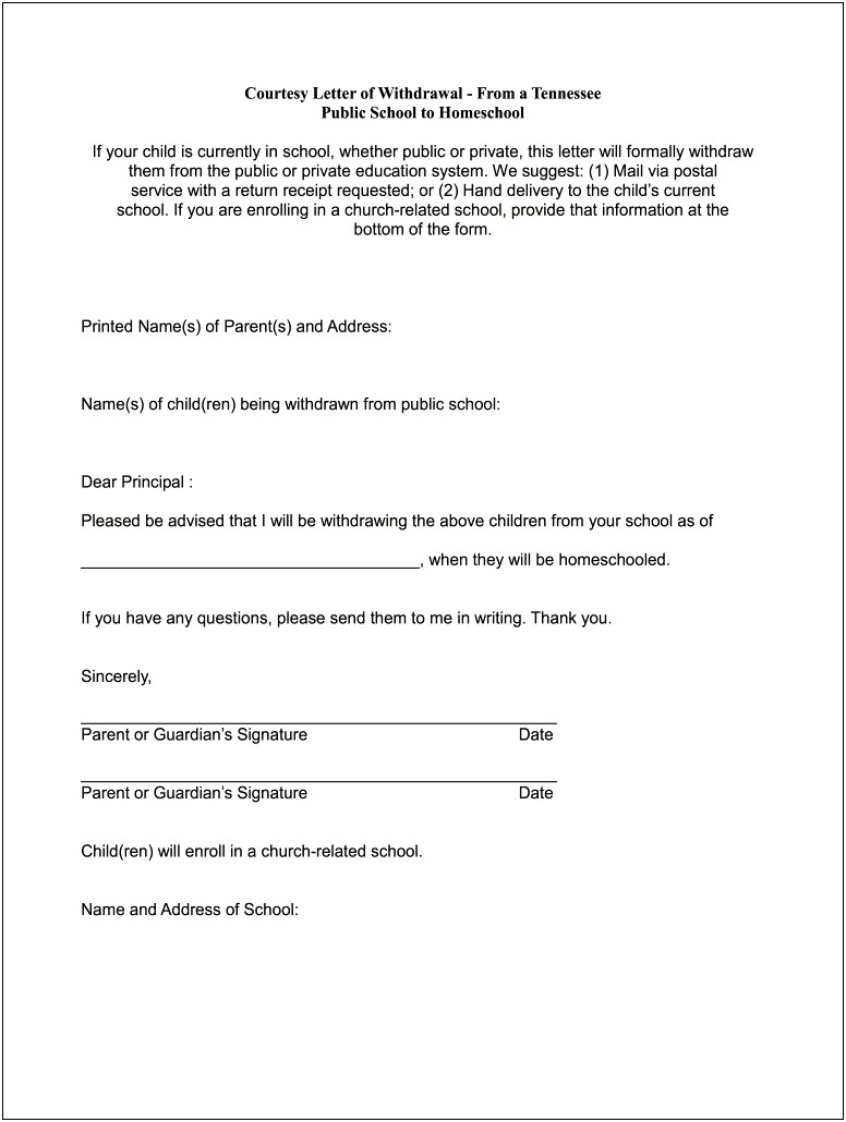 Template For Withdrawal Letter From School