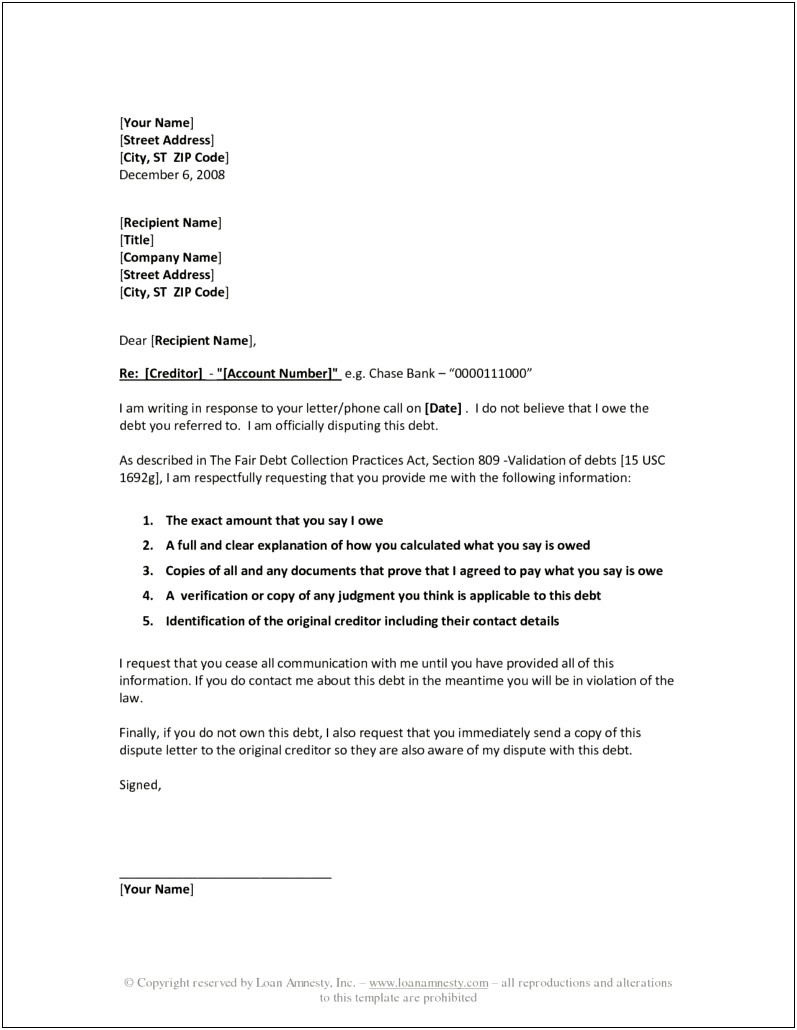 Template Letter For Answer To Creditor