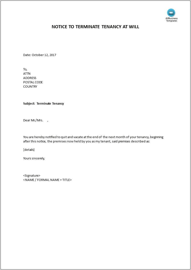 Template Letter For Giving Notice To A Landlord