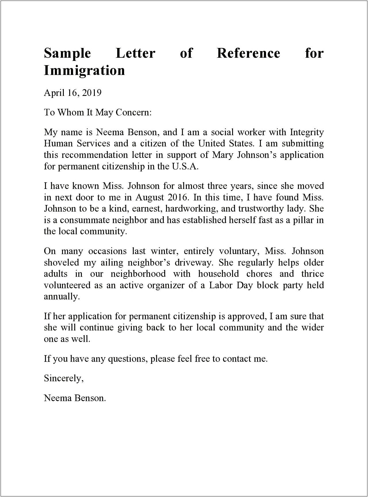 Template Letter Of Recommendation For Immigration