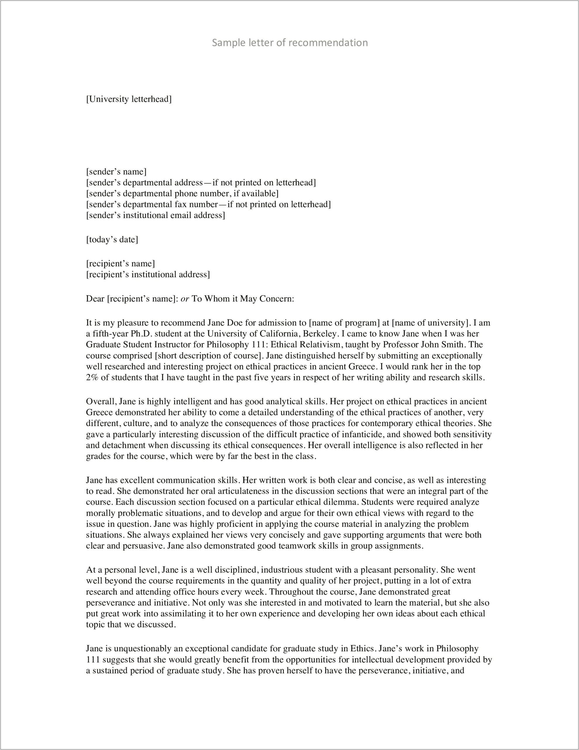 Template Letter Of Recommendation Graduate School