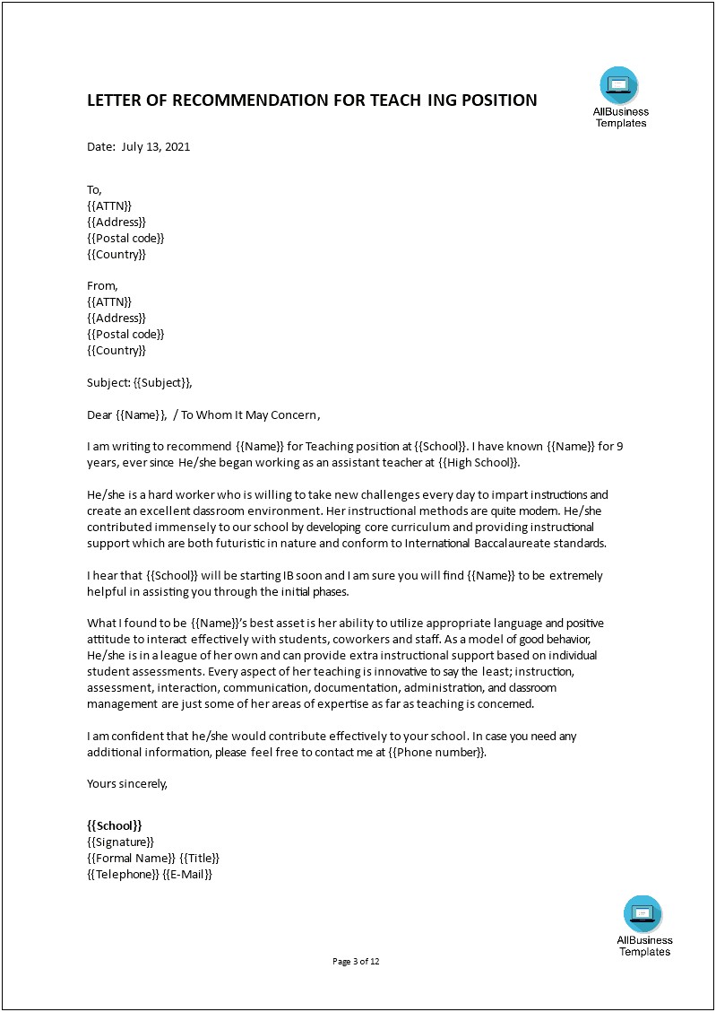 Template Letter Of Recommendation Teacher Education