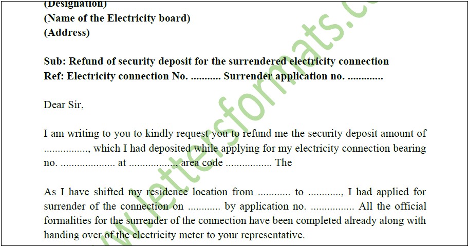 Template Letter Requesting Security Deposit Back