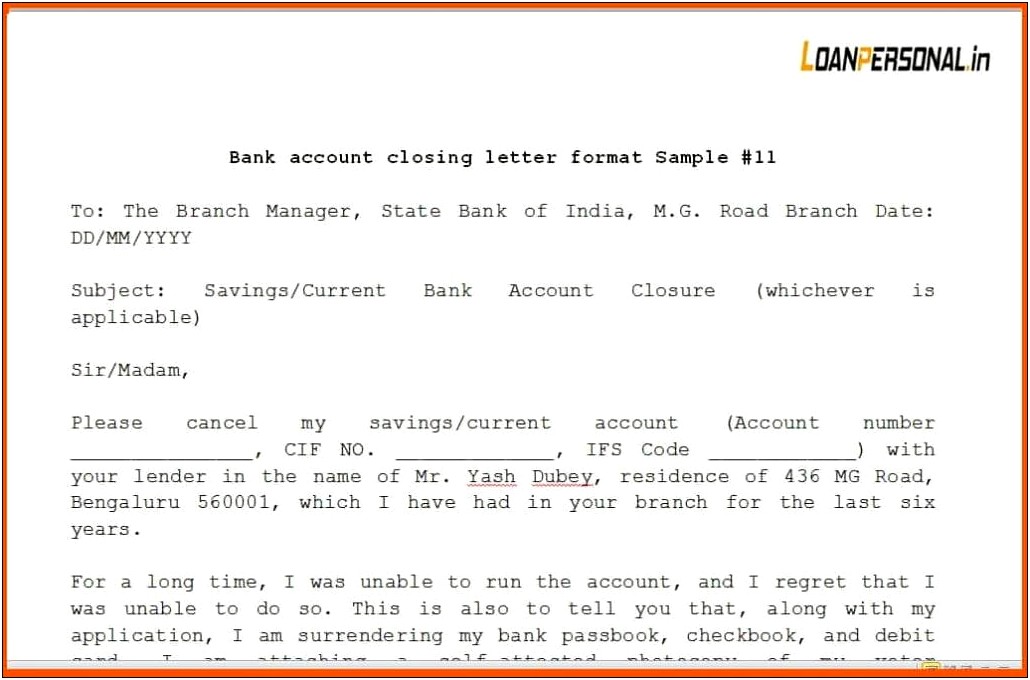 Template Letter To Bank Requesting Account Closure