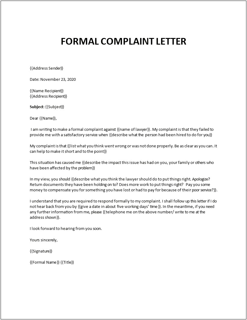 Template Letter To Owner About Complaint