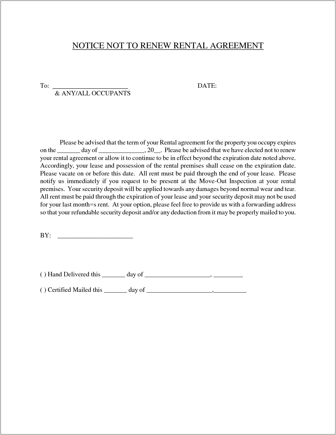 Template Non Renewal Lease Letter To Tenant