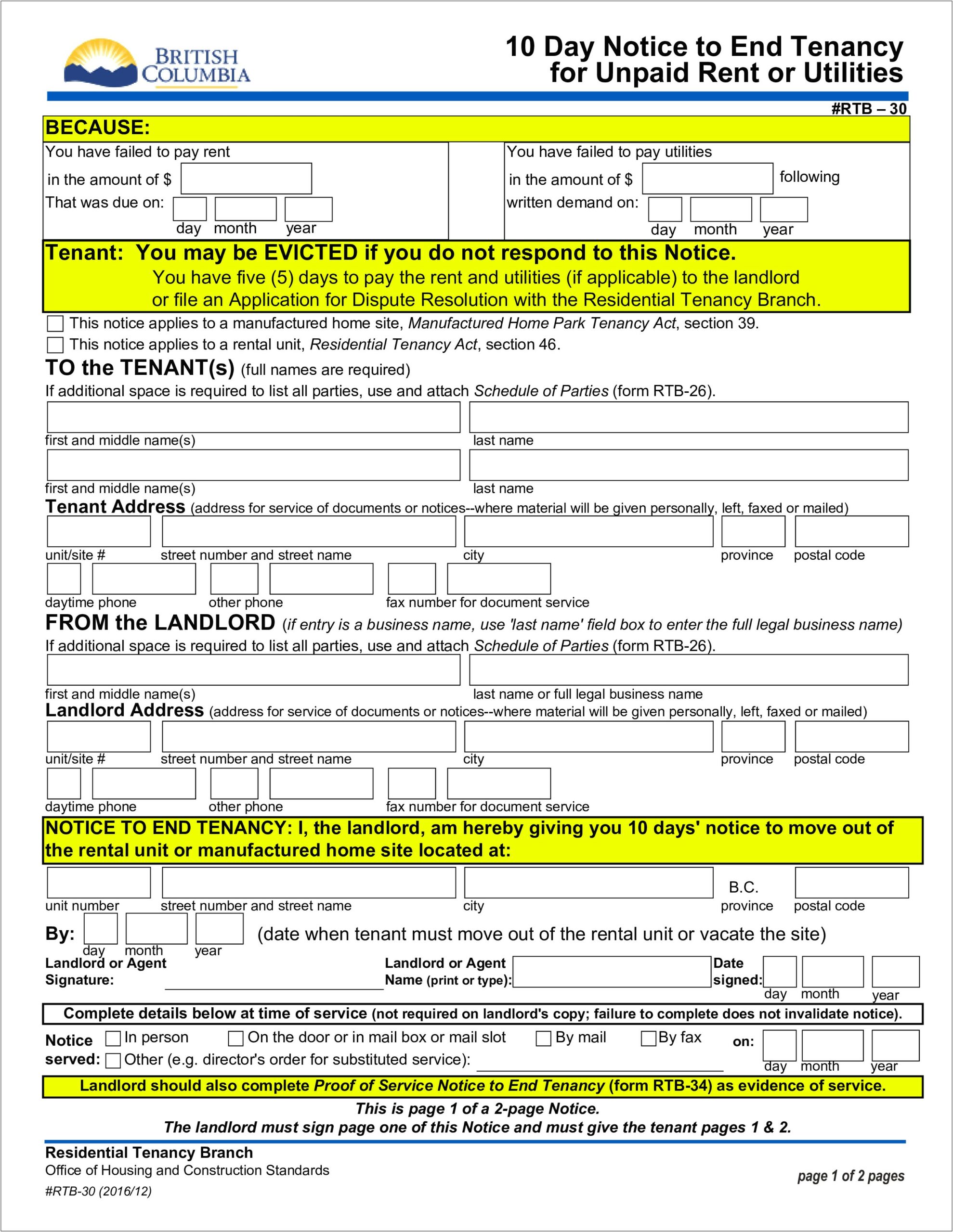 Template Notice Letter To Landlord Uk