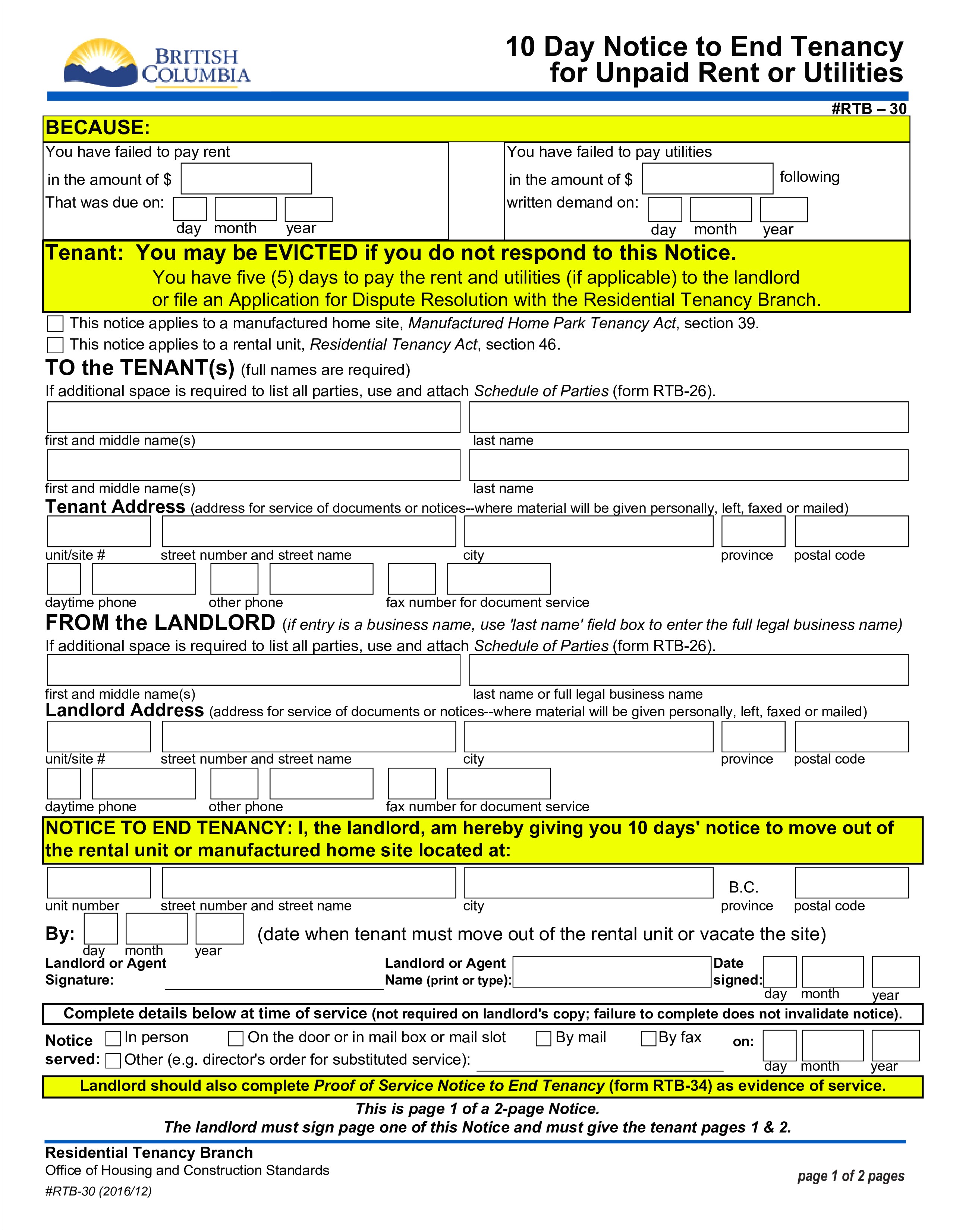 Template Notice Letter To Landlord Uk