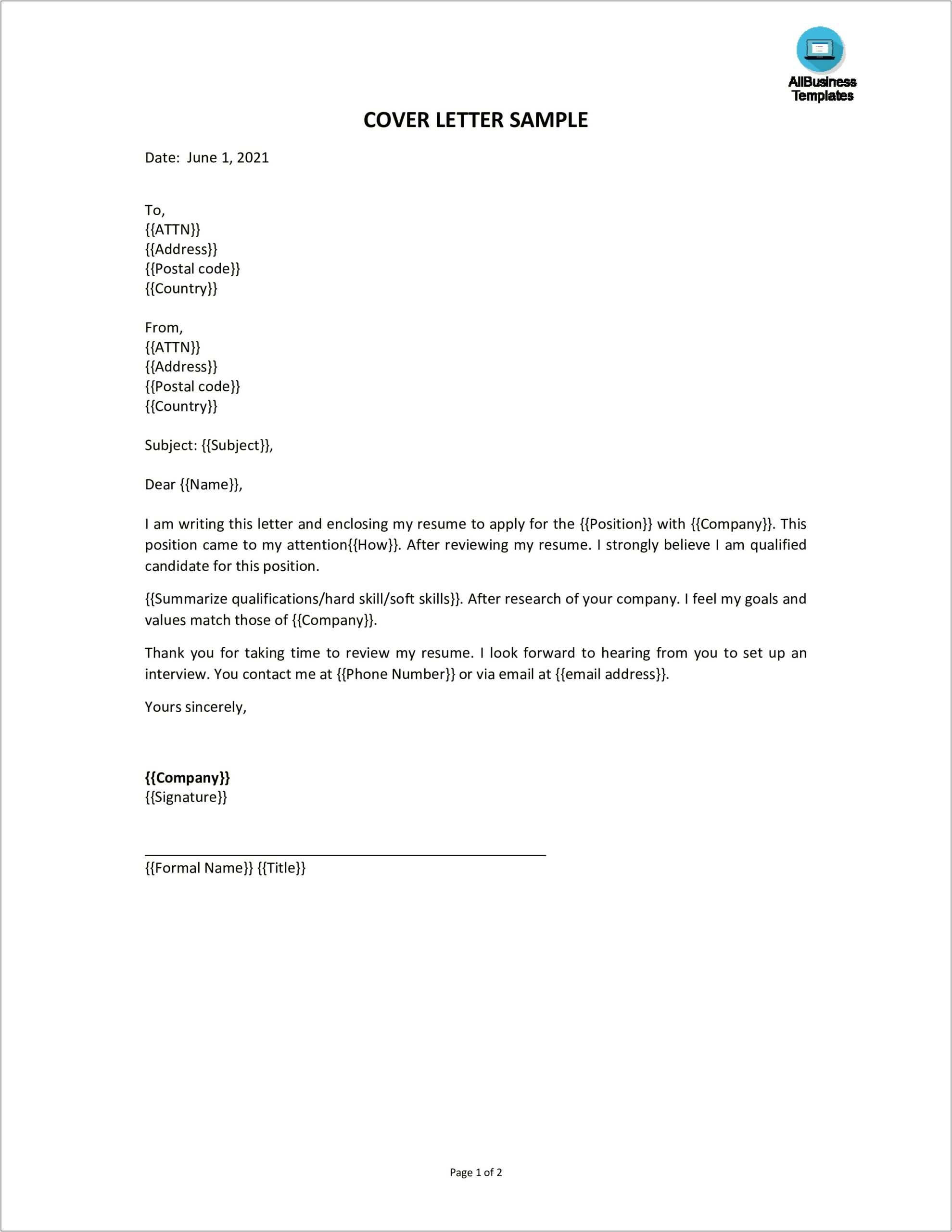 Template Of A Cover Letter Pdf