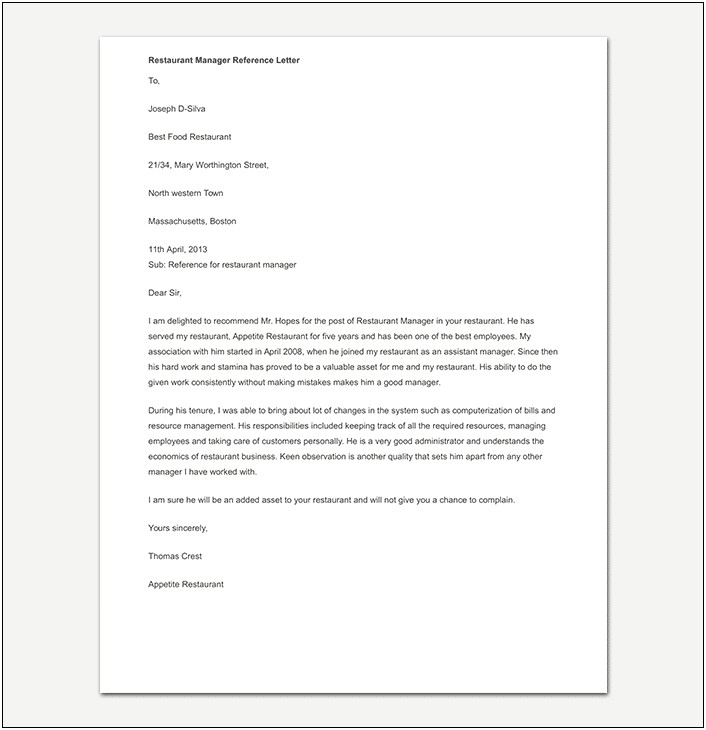 Template Of A Reference Letter For An Employee