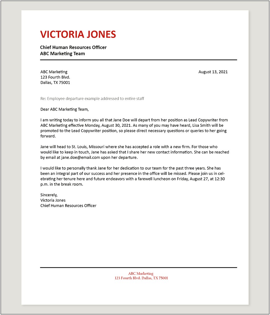 Template Of Letter Announcing A Resignation