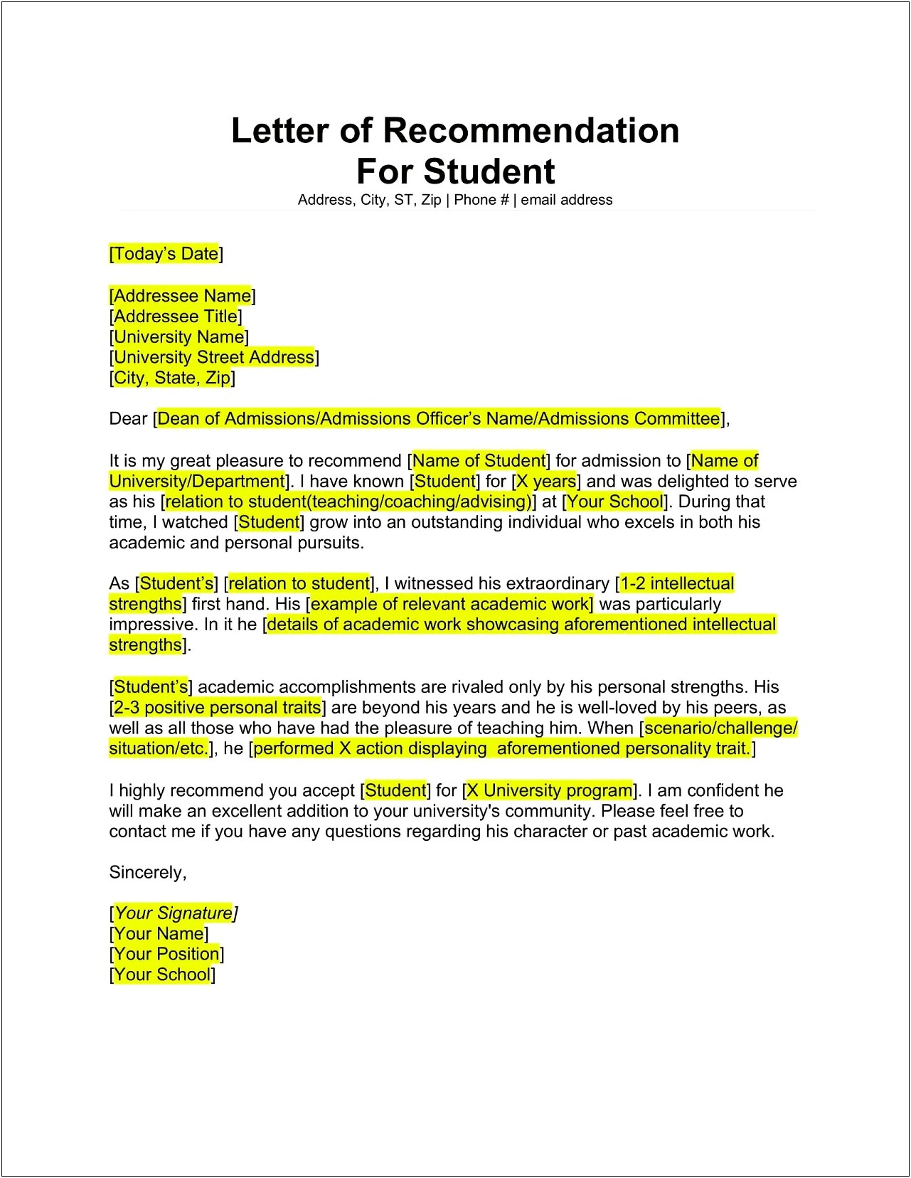 Template Of Letter Of Recommendation For Student