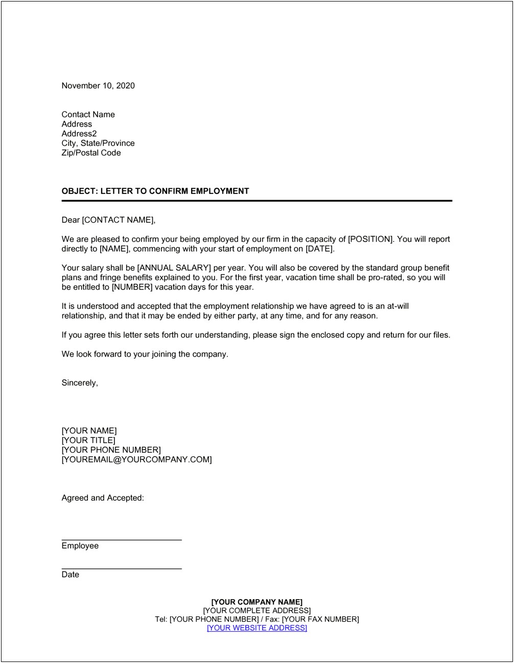 Template Of Proof Of Employment Letter