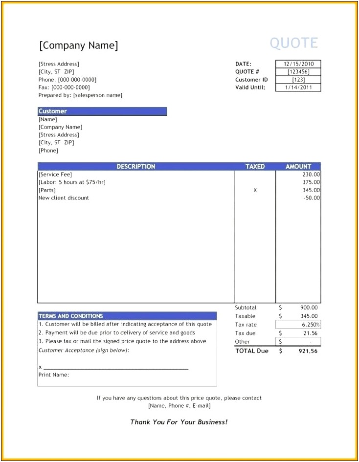 Template Of Quotation Letter To Customer