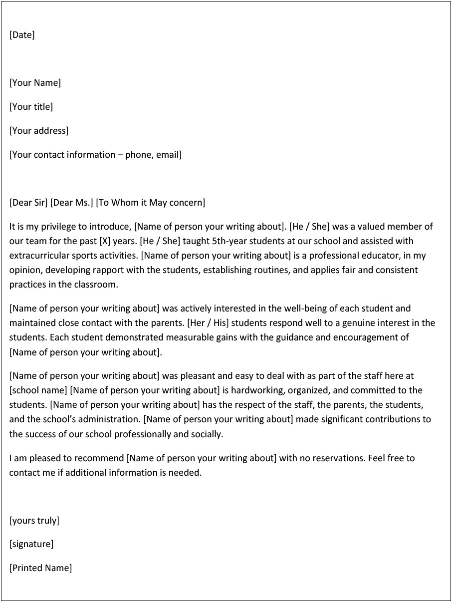 Template Of Recommendation Letter For Professor