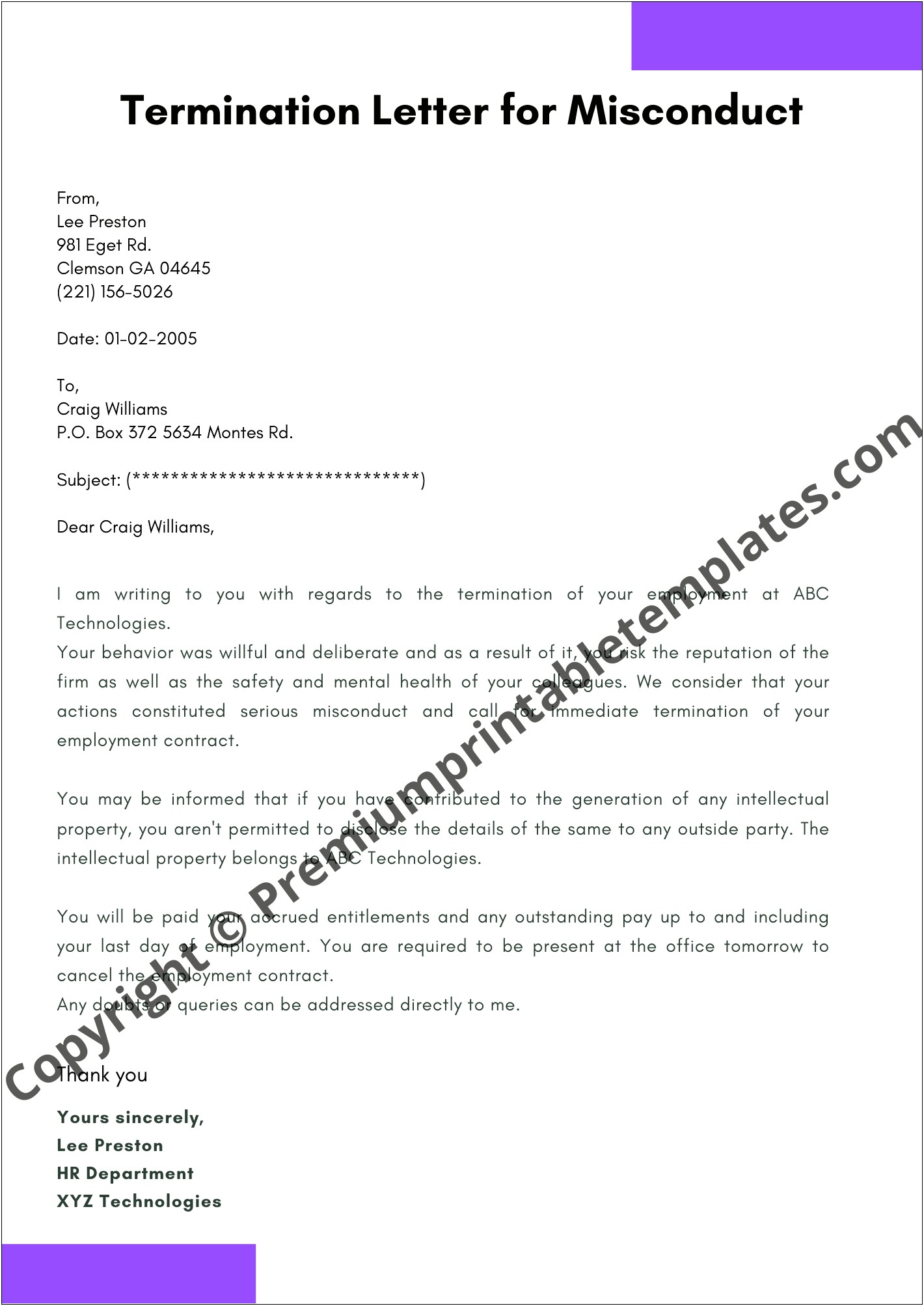 Template Of Termination Of Employment Letter