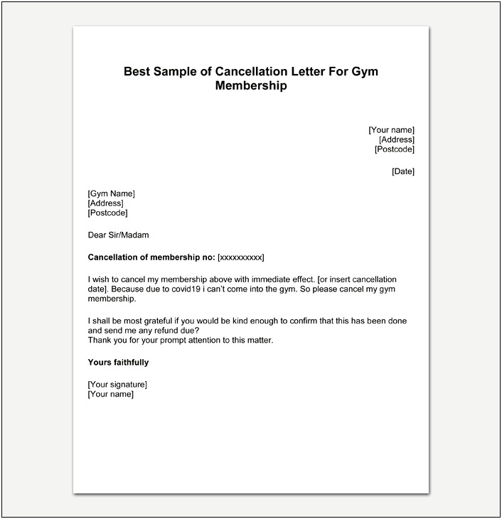 Template Or Sample Cancellation Letter To Gym