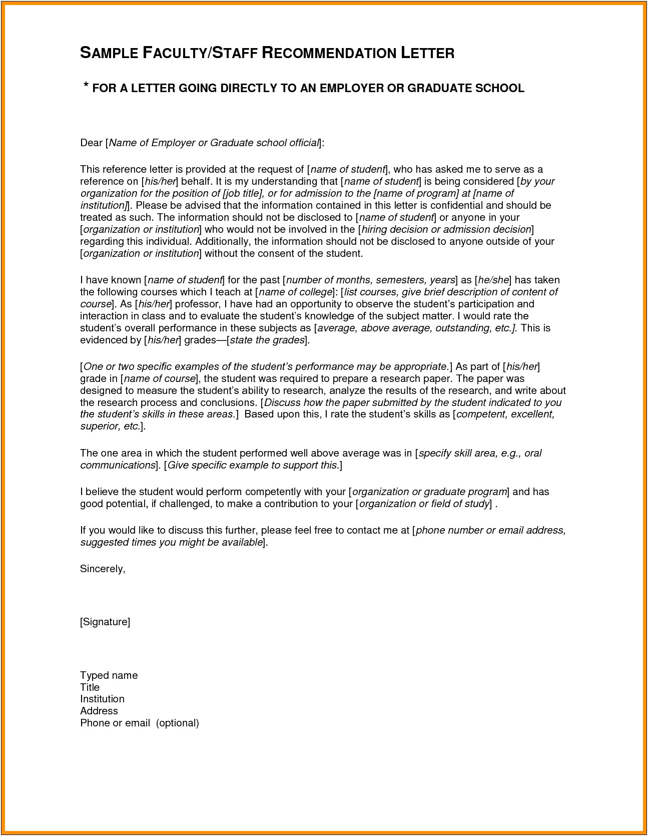 Template Recommendation Letter For A Student