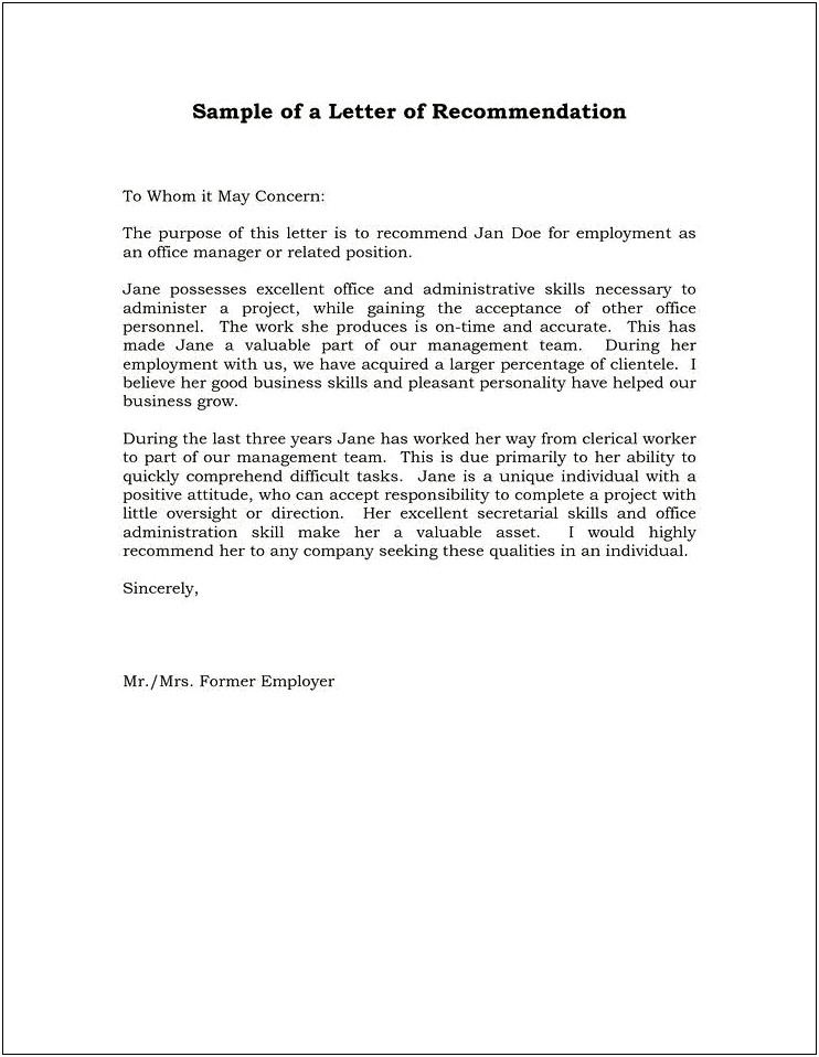 Template Recommendation Letter For Employee From Manager