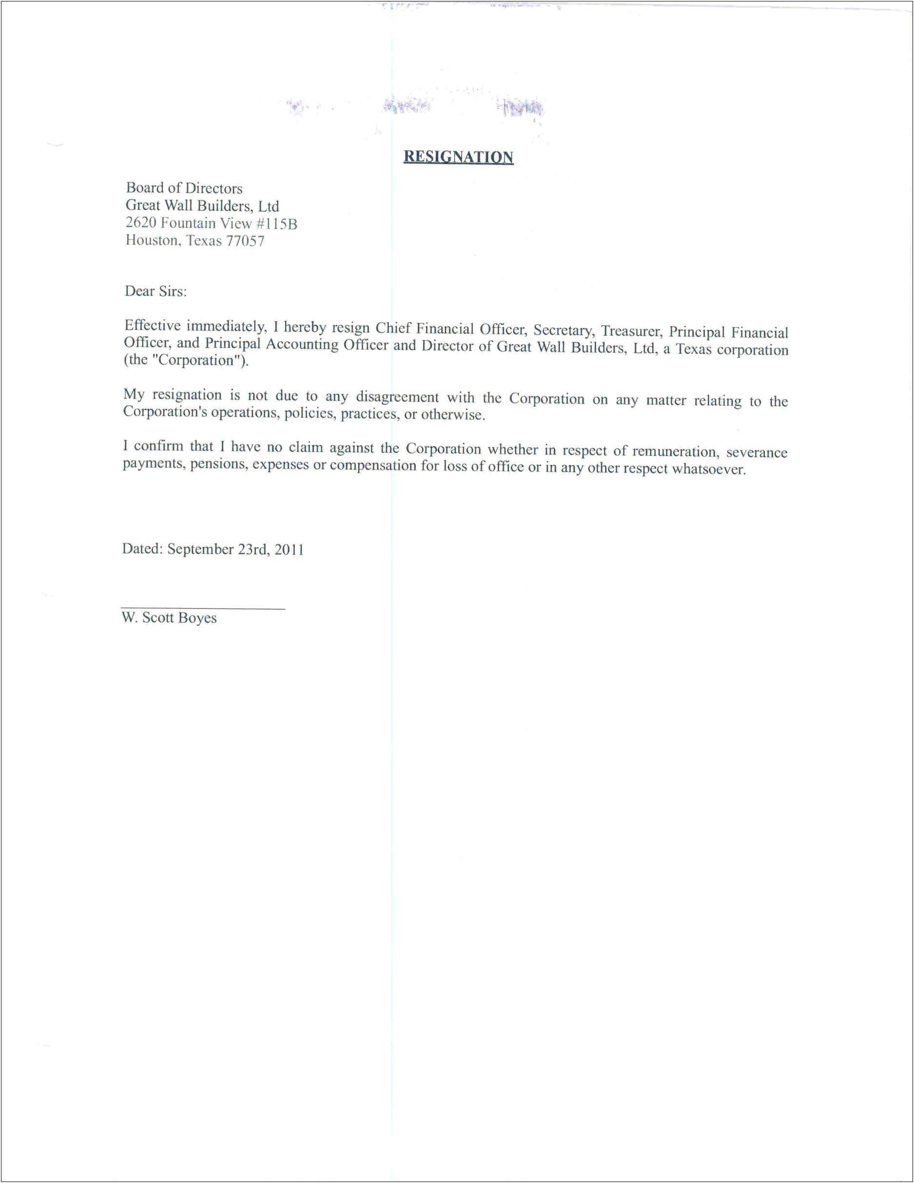 Template Resignation Letter From Board Of Directors