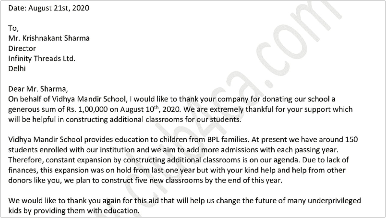 Template School Fundraising Thank You Letter