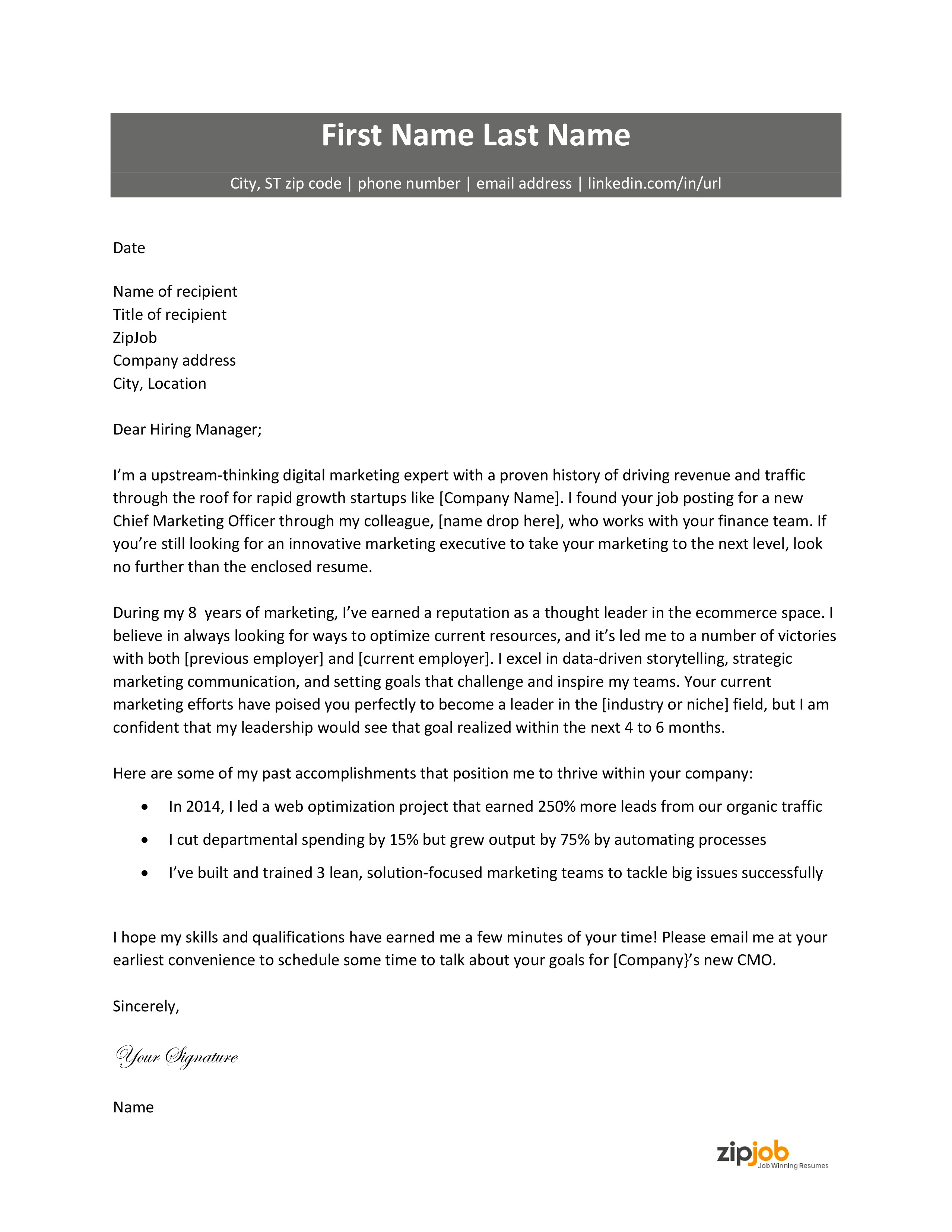 Template Stand Out Employment Cover Letter Email