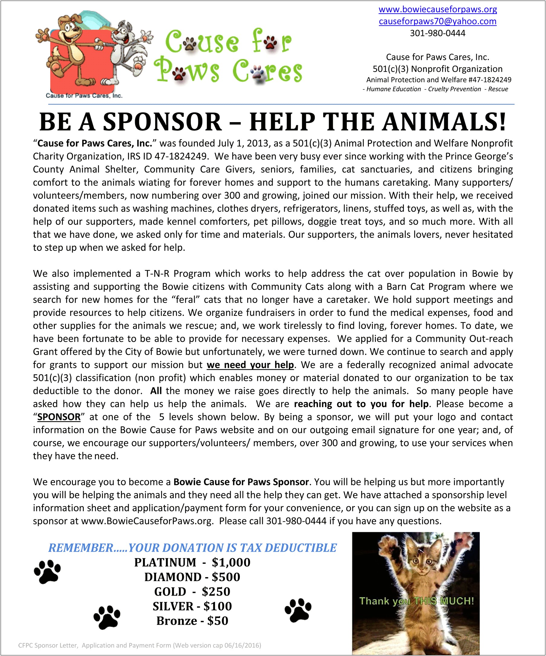 Template Thank You Letter To Sponsors Animal Shelter